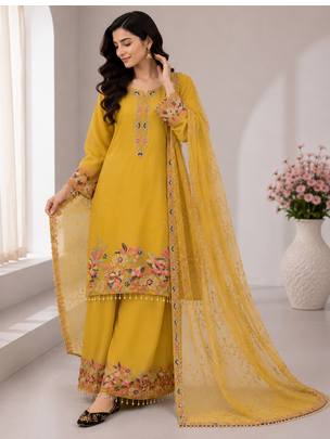 Yellow Embroidery And Sequence Work Georgette Salwar Suit 2