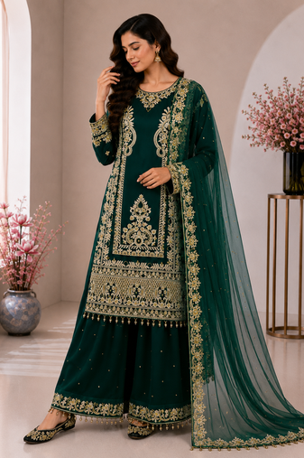 Green Color Embroidery And Sequence Work Silk Blend Salwar Suit