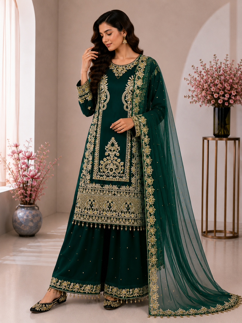 Green Color Embroidery And Sequence Work Silk Blend Salwar Suit