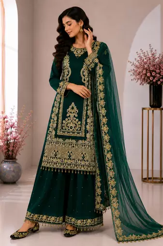Green Color Embroidery And Sequence Work Silk Blend Salwar Suit