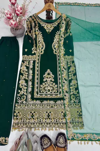 Green Color Embroidery And Sequence Work Silk Blend Salwar Suit
