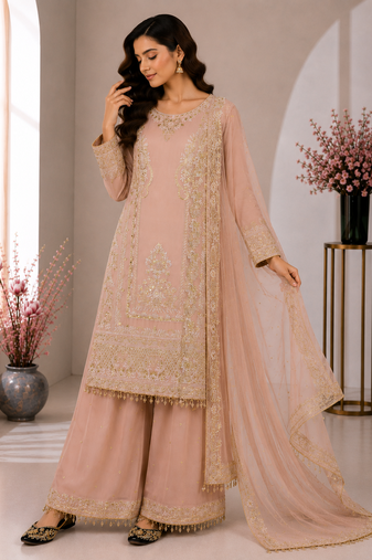 Light Pink Color Embroidery And Sequence Work Silk Blend Salwar Suit