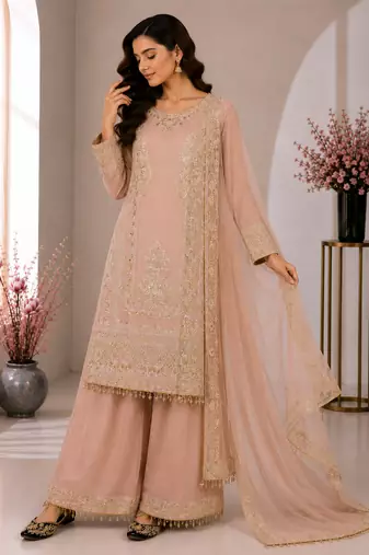 Light Pink Color Embroidery And Sequence Work Silk Blend Salwar Suit