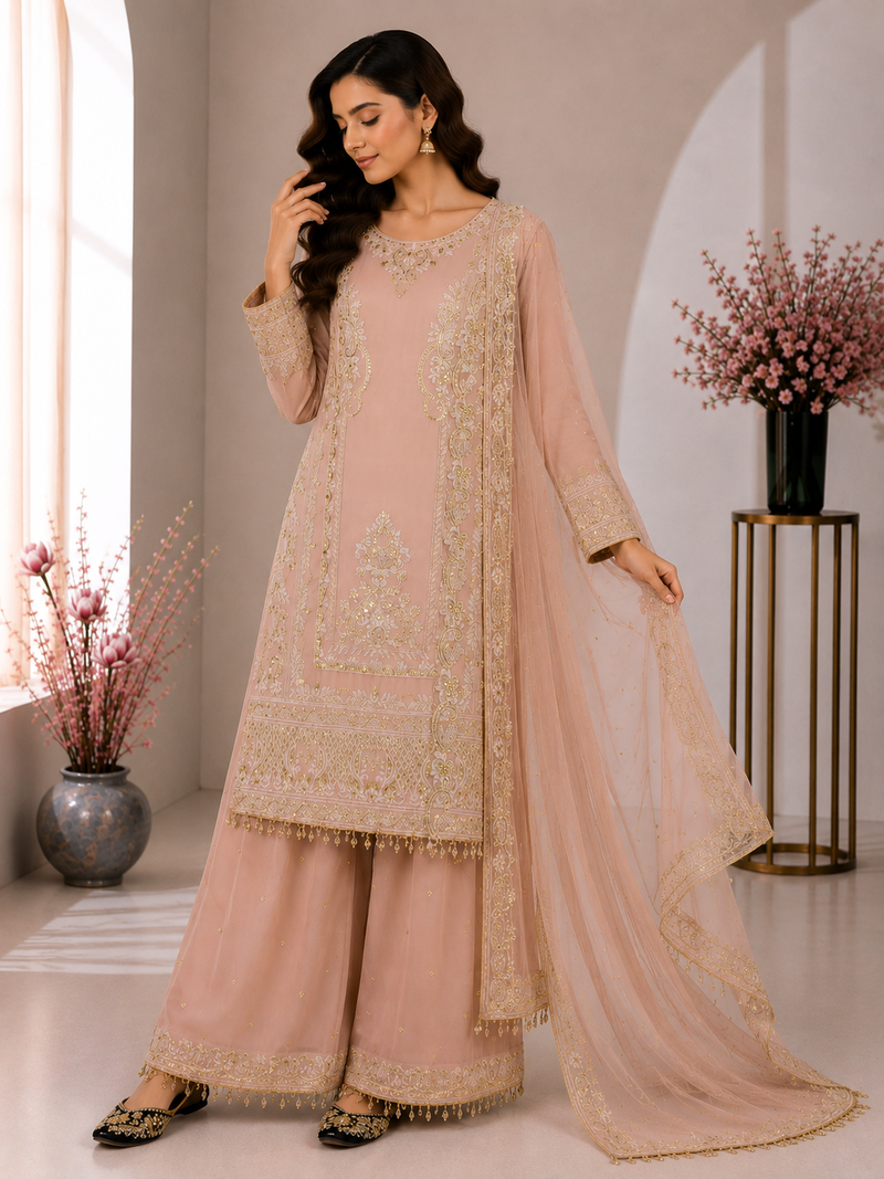 Light Pink Color Embroidery And Sequence Work Silk Blend Salwar Suit