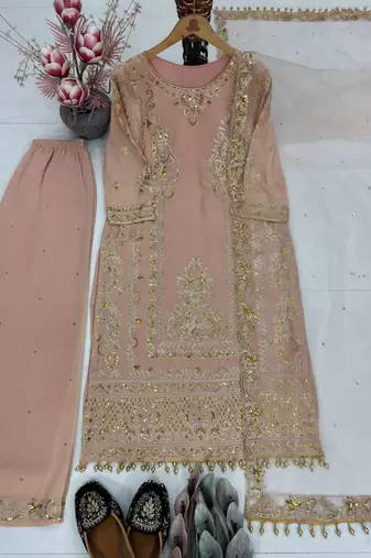 Light Pink Color Embroidery And Sequence Work Silk Blend Salwar Suit