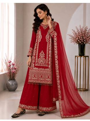 Red Color Embroidery And Sequence Work Silk Blend Salwar Suit 1