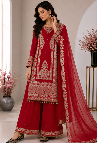Red Color Embroidery And Sequence Work Silk Blend Salwar Suit