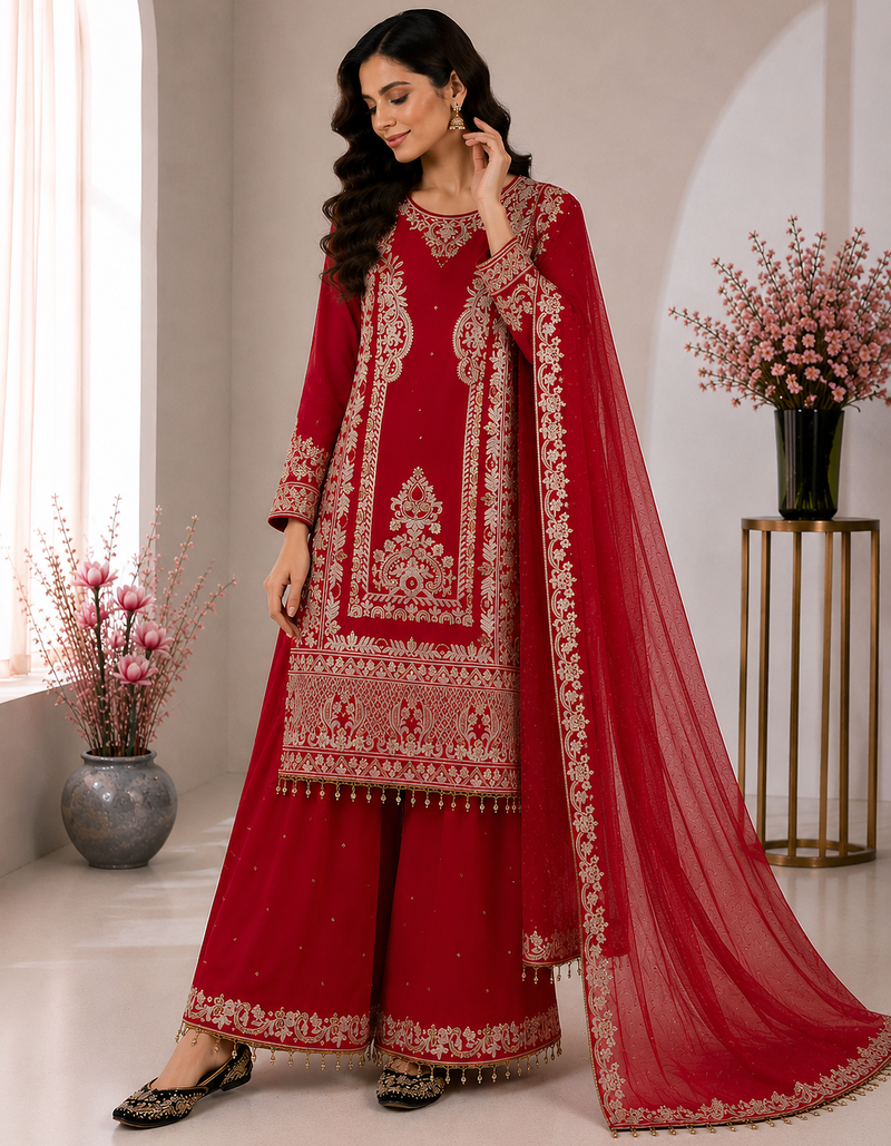 Red Color Embroidery And Sequence Work Silk Blend Salwar Suit