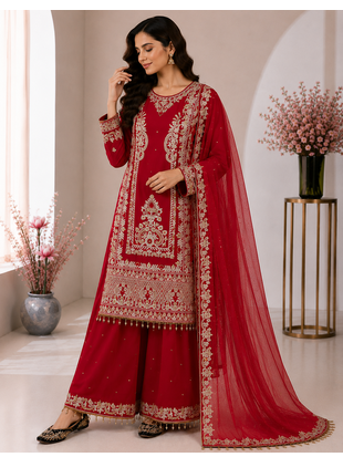 Red Color Embroidery And Sequence Work Silk Blend Salwar Suit 2
