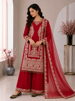 Red Color Embroidery And Sequence Work Silk Blend Salwar Suit 3