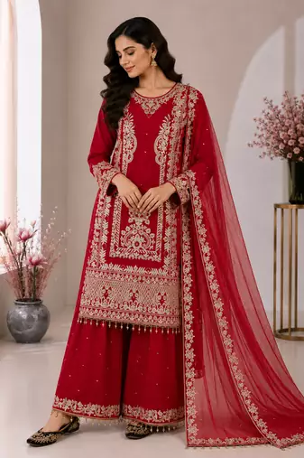 Red Color Embroidery And Sequence Work Silk Blend Salwar Suit
