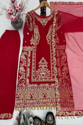 Red Color Embroidery And Sequence Work Silk Blend Salwar Suit