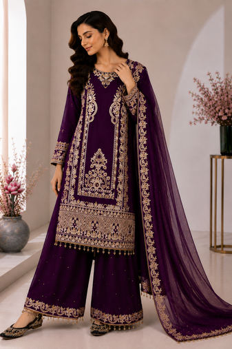 Purple Color Embroidery And Sequence Work Silk Blend Salwar Suit