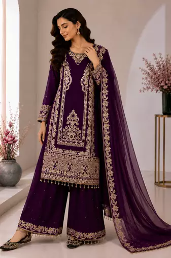 Purple Color Embroidery And Sequence Work Silk Blend Salwar Suit