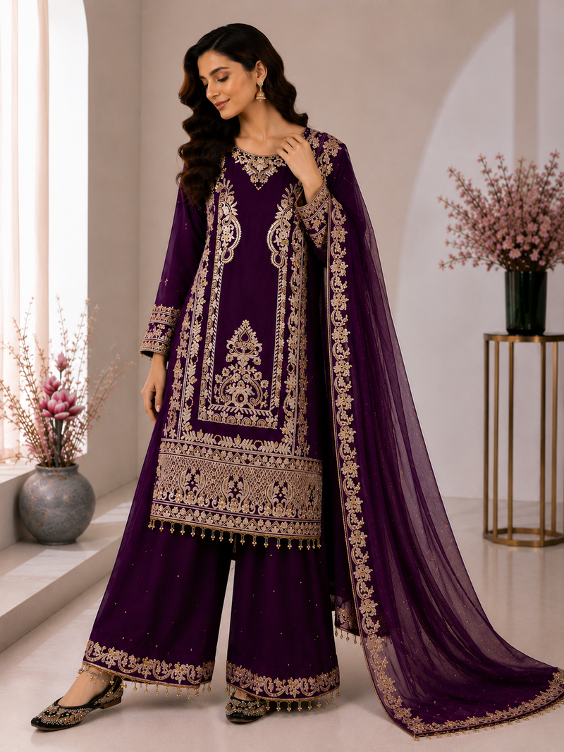 Purple Color Embroidery And Sequence Work Silk Blend Salwar Suit