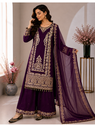 Purple Color Embroidery And Sequence Work Silk Blend Salwar Suit 2