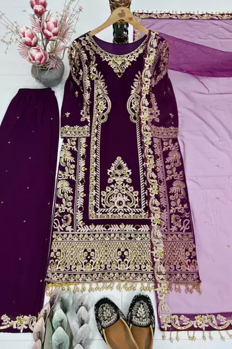 Purple Color Embroidery And Sequence Work Silk Blend Salwar Suit