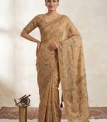 Chiku Color Digital printed, aari and khatliwork Silk Blend Saree