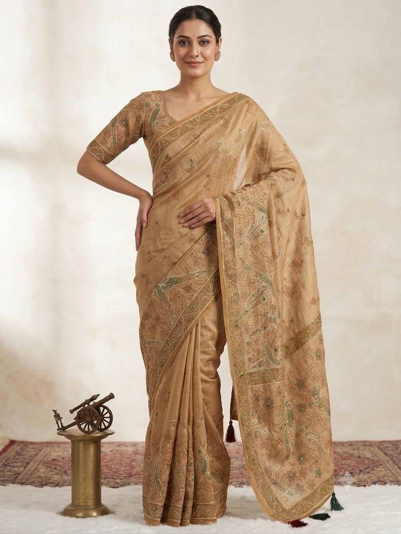 Chiku Color Digital printed, aari and khatliwork Silk Blend Saree