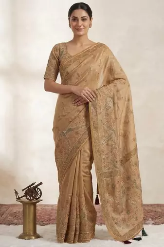 Chiku Color Digital printed, aari and khatliwork Silk Blend Saree