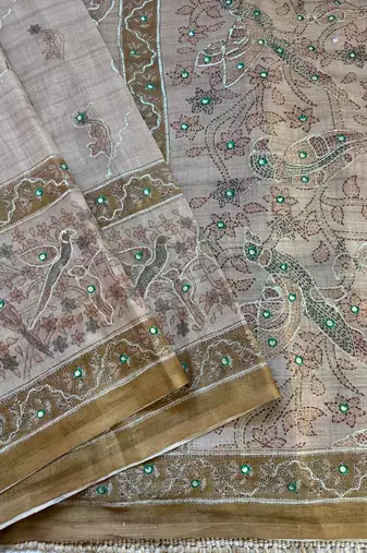 Chiku Color Digital printed, aari and khatliwork Silk Blend Saree