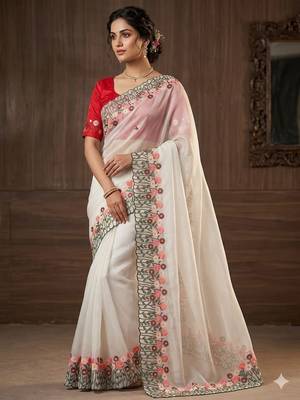 Off White Color embroidery with cutwork Silk Blend Saree 1