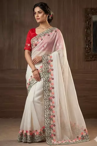 Off White Color embroidery with cutwork Silk Blend Saree