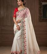 Off White Color embroidery with cutwork Silk Blend Saree