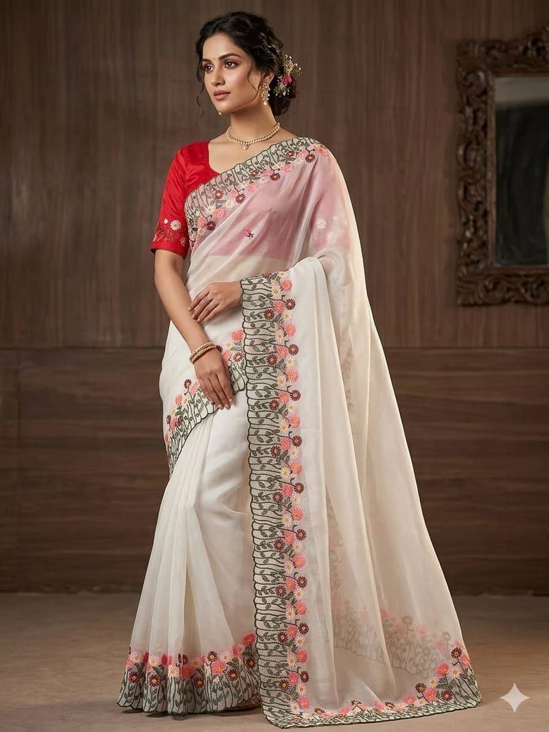 Off White Color embroidery with cutwork Silk Blend Saree