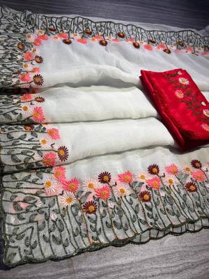 Off White Color embroidery with cutwork Silk Blend Saree 2