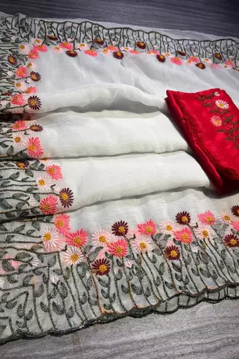 Off White Color embroidery with cutwork Silk Blend Saree