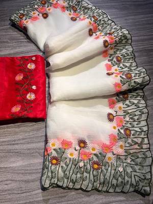 Off White Color embroidery with cutwork Silk Blend Saree 3