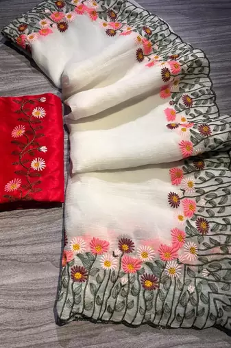 Off White Color embroidery with cutwork Silk Blend Saree