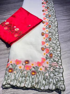 Off White Color embroidery with cutwork Silk Blend Saree 4
