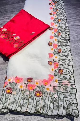 Off White Color embroidery with cutwork Silk Blend Saree