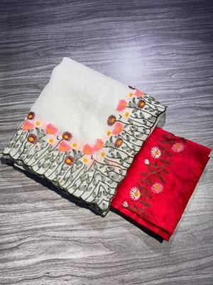Off White Color embroidery with cutwork Silk Blend Saree 5