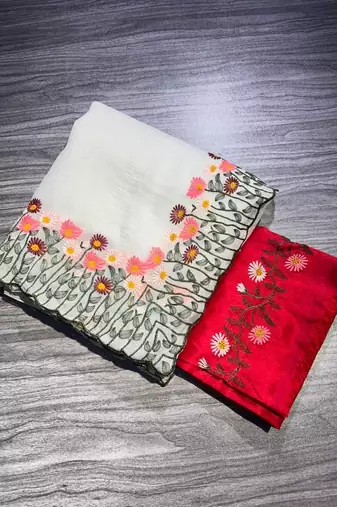Off White Color embroidery with cutwork Silk Blend Saree