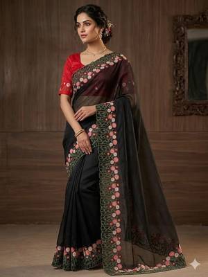 Black Color embroidery with cutwork Silk Blend Saree 1