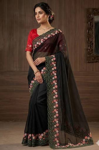 Black Color embroidery with cutwork Silk Blend Saree