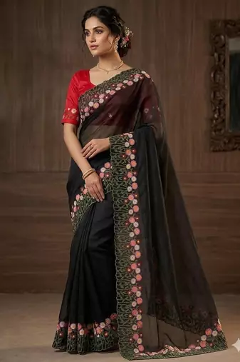 Black Color embroidery with cutwork Silk Blend Saree