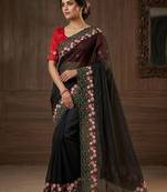 Black Color embroidery with cutwork Silk Blend Saree