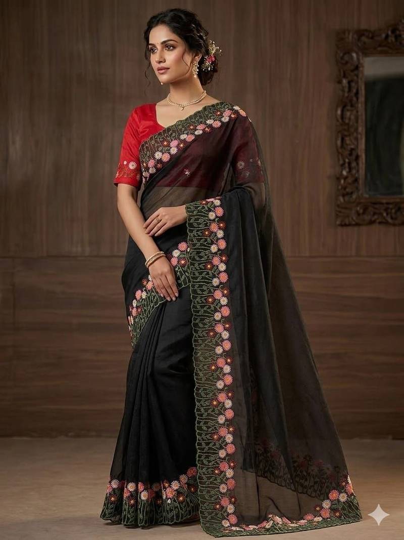 Black Color embroidery with cutwork Silk Blend Saree