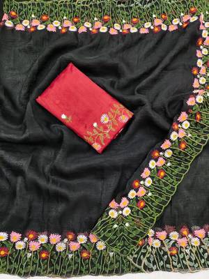 Black Color embroidery with cutwork Silk Blend Saree 2