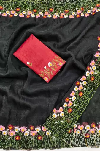 Black Color embroidery with cutwork Silk Blend Saree