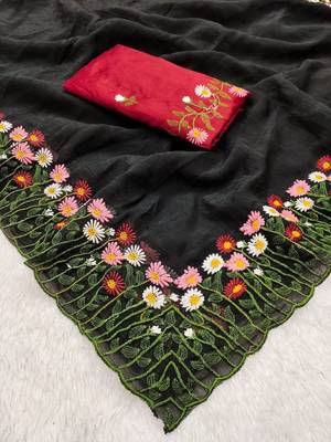 Black Color embroidery with cutwork Silk Blend Saree 3