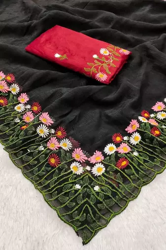 Black Color embroidery with cutwork Silk Blend Saree