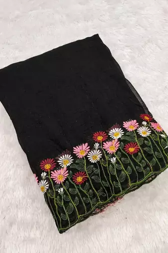 Black Color embroidery with cutwork Silk Blend Saree