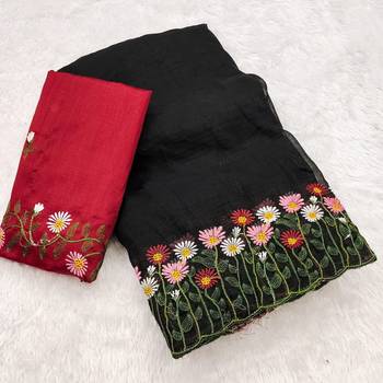 Black Color embroidery with cutwork Silk Blend Saree 5