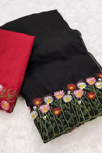 Black Color embroidery with cutwork Silk Blend Saree