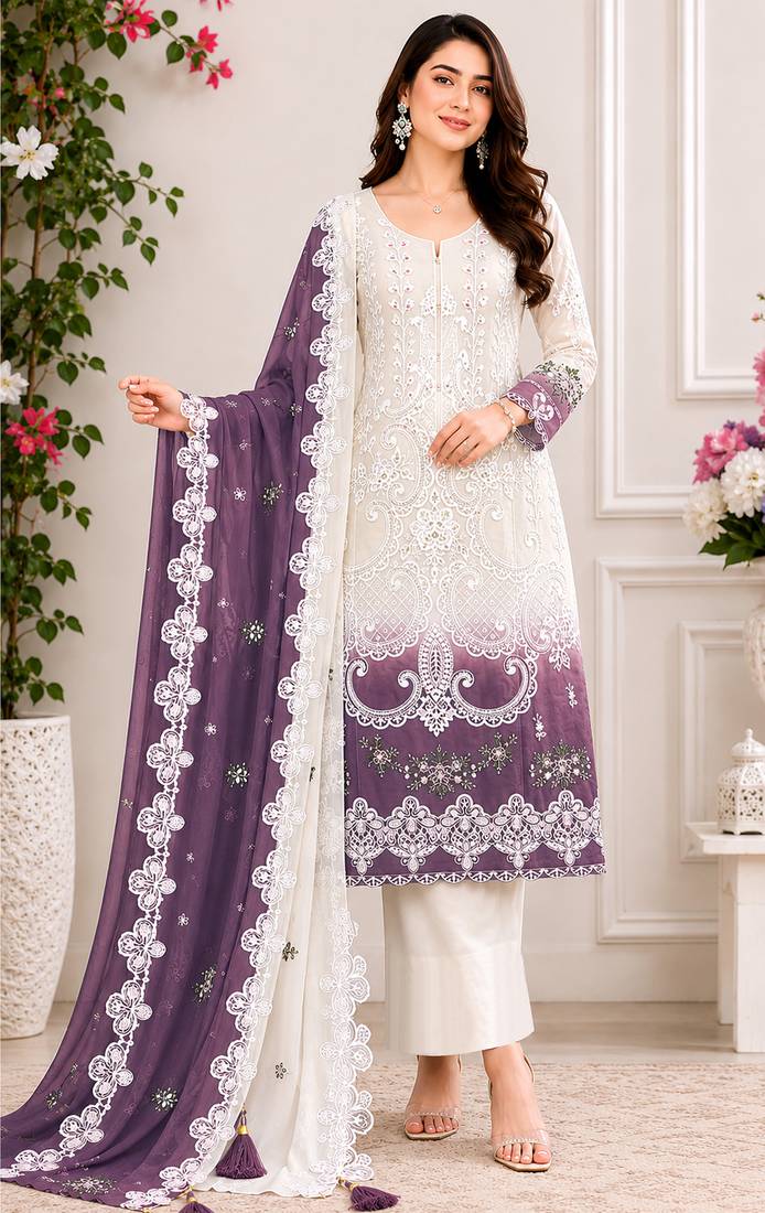 Dark lavender color shaded embroideried star georgette semi stitched salwar suit